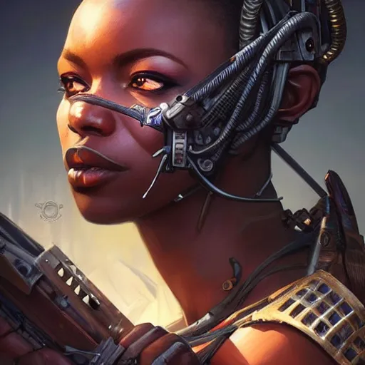 Image similar to african dieselpunk warlord, science fiction, highly detailed, digital painting, beautiful eyes, symmetry, concept art, sharp focus, illustration, global illumination, radiant light, detailed and intricate environment, art by artgerm and greg rutkowski and magali villeneuve and ilya kuvshinov!