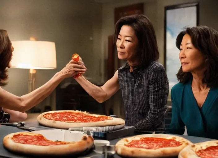 Image similar to a movie still of michelle yeoh's pizza fingers caressing jamie lee curtis's face from the movie everything, everywhere, all at once