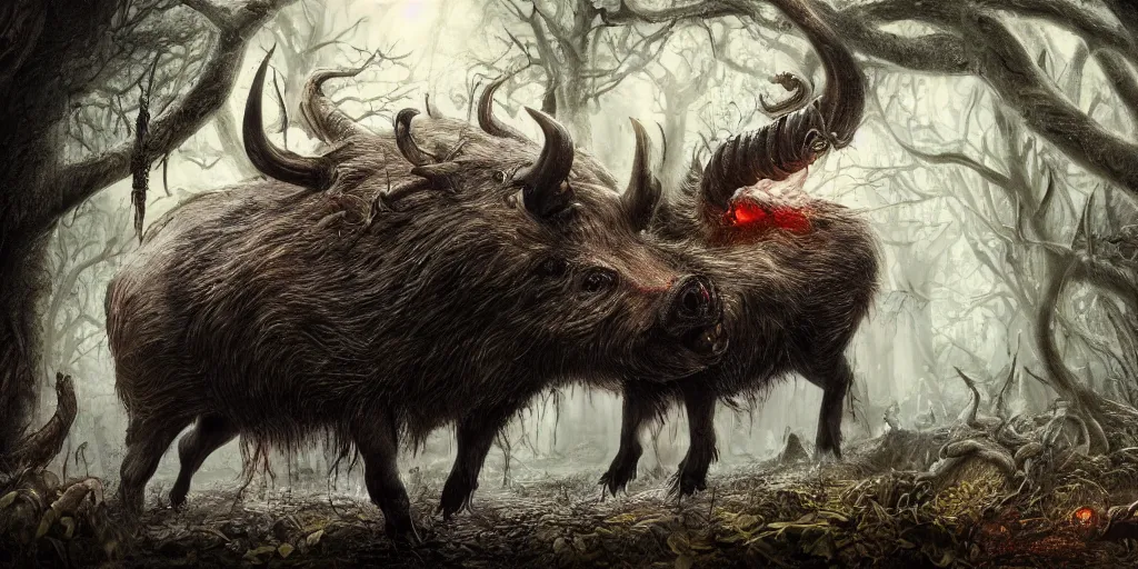 Image similar to giant wild boar god with bloody eyes and many tusks, in dark woods, dim colors, forest, highly detailed illustration, masterpiece, fantasy, magical, hyperdetailed, realistic, witch fairytale, 4 k, 8 k, highly detailed matte painting, dungeons and dragons