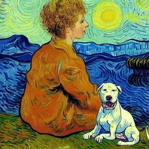 Prompt: girl with curly blonde hair sits next to her white pitbull, sitting on a riverbank watching the sunset, painting by van gogh