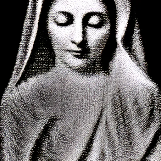 Image similar to vhs static overlay of marian apparition, vhs, 1 9 9 0, highly realistic, highly detailed, vhs noise static, black and white, vhs glitch