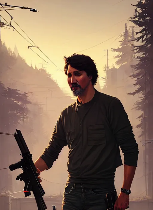 Image similar to highly detailed portrait justin trudeau in street gang attire holding ar - 1 5! in gta v stephen bliss unreal engine fantasy art by greg rutkowski loish rhads ferdinand knab makoto shinkai lois van baarle ilya kuvshinov rossdraws tom bagshaw global illumination radiant light detailed intricate environment