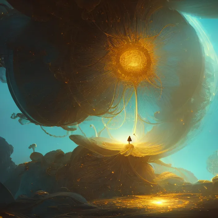 Image similar to within a flower the whole and finite capsule apparent with awe the apparition, an idea seep's into infinity highly detailed in volumetric latent space, golden turquoise steampunk, high contrast cinematic light, mystical shadows, sharp focus, divine realm of gods, octane render, artist by greg rutkowski,