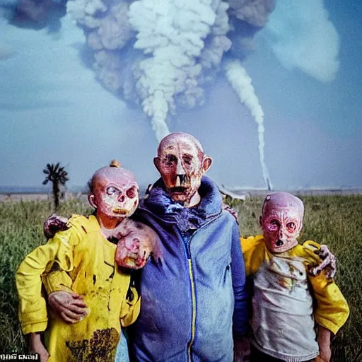 Prompt: selfie of the last surviving ukrainian with children with evil faces, wild pain and damage to the body burns alive to the bone, painted in dirty yellow - blue colors, a huge nuclear explosion is approaching in the background, corpses and skeletons are everywhere, the earth is on fire, smoke and radioactive rain