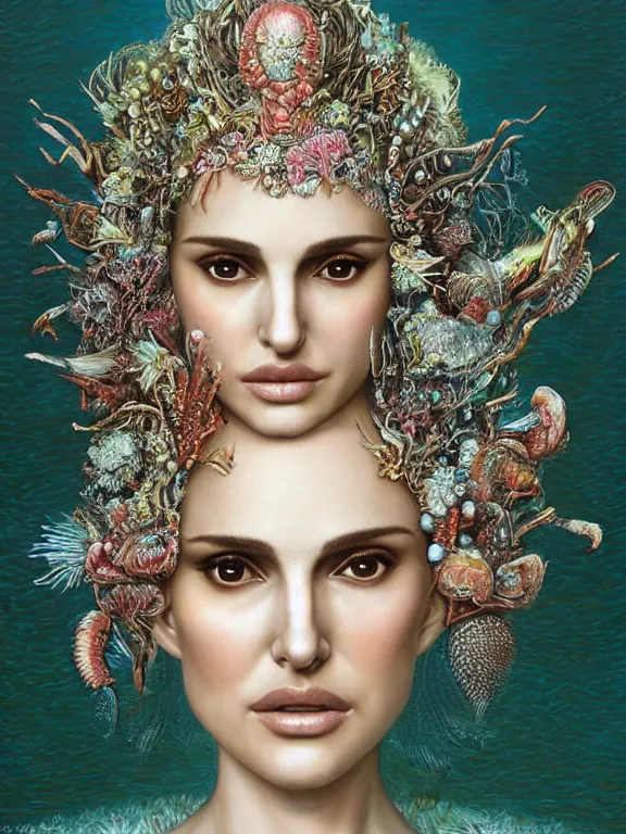 Image similar to a portrait render of Natalie Portman between fish and coral reef who has baroque dramatic headdress with intricate fractals of shellfish and pearls,by tom bagshaw and Agnieszka Lorek and Visarute Angkatavanich and aaron horkey and peter gric,trending on pinterest,rococo,hyperreal,maximalist,glittering,feminine