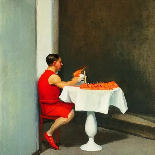 Prompt: an attractive man wearing a hair clip in red silky shorts eating salmon by Edward Hopper