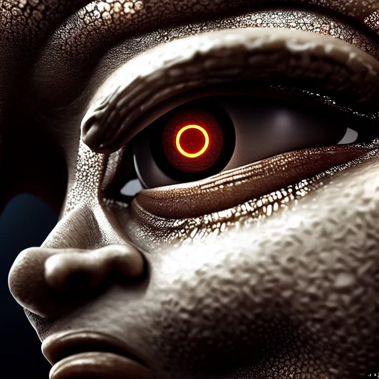 Image similar to ultra realistic beautiful cyborg deity eyes closed, fantasy, intricate details, movie still, highly detailed, photorealistic, octane render, eerie, 8k, art by james clyne and michael welan