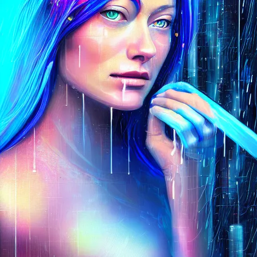 Prompt: a digital painting of olivia wilde in the rain with blue hair, cute - fine - face, pretty face, cyberpunk art by sim sa - jeong, cgsociety, synchromism, detailed painting, glowing neon, digital illustration, perfect face, extremely fine details, realistic shaded lighting, dynamic colorful background