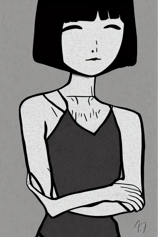 Prompt: portrait of a girl in long pants and a top, hands in pockets, eyes closed, bob haircut, digital art, black and white, illustration by junji ito