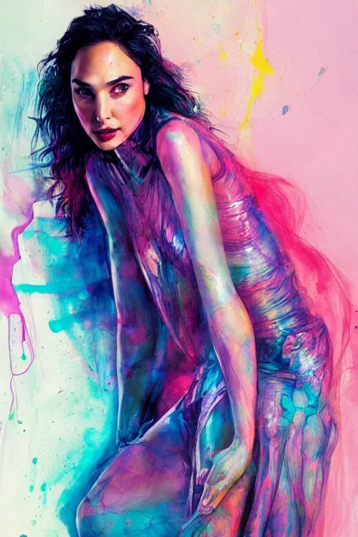 Image similar to gal gadot by agnes cecile enki bilal moebius, intricated details, sitting on a stool, full body portrait, extremely luminous bright design, pastel colours, drips, autumn lights