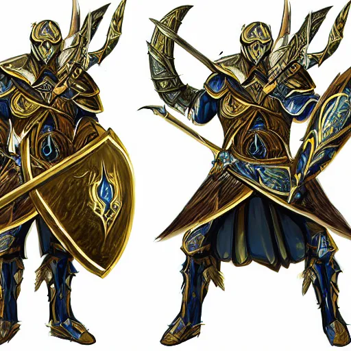 Prompt: concept art of a strong fantasy warrior wearing heavy elvish chitin shell armor blue and gold with two horns in the helmet in a battle while raising his heavy blade for victory