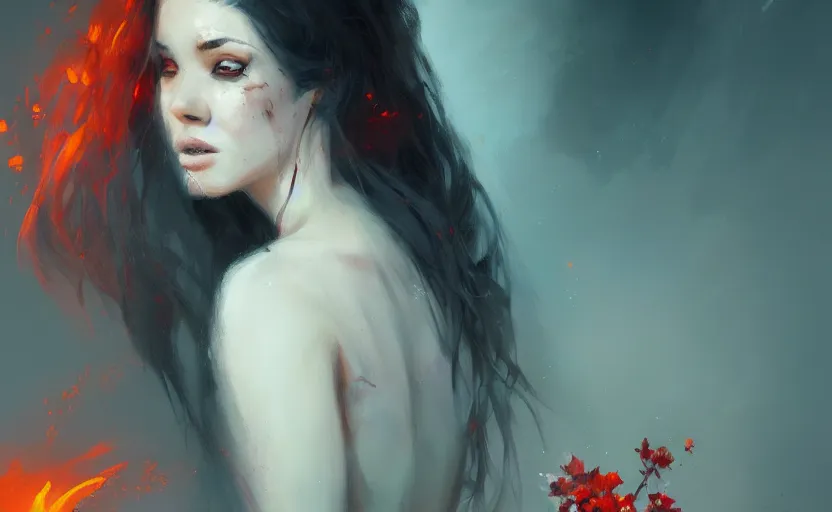 Image similar to a painting of jasmine trending on artstation in the style of greg rutkowski, beautiful, sensual, flower, portrait, adorable, alter, hell, fire hair, fire