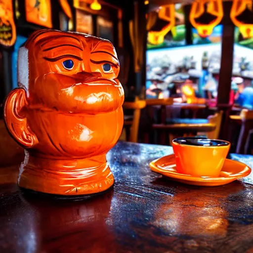 Image similar to a closeup photorealistic photograph of a glossy orange cat garfield style tiki mug sitting at a trader vic's bar featuring garfield's face. tiki party. bright scene. fine detail. this 4 k hd image is trending on artstation, featured on behance, well - rendered, extra crisp, features intricate detail, epic composition and the style of unreal engine.