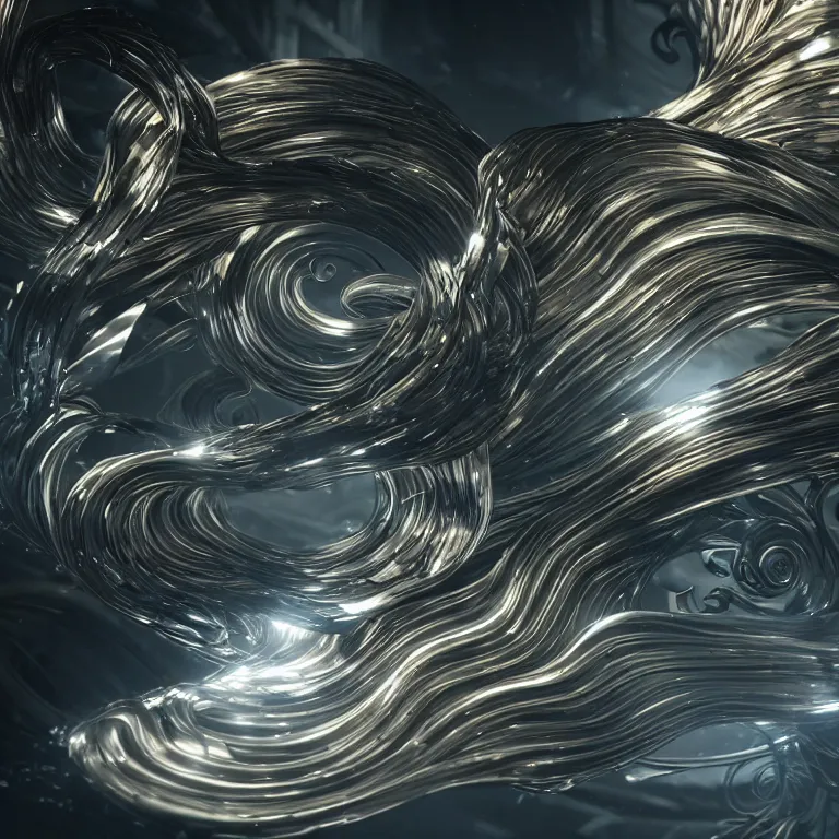 Image similar to swirling abstract cyborg parts and ornate flowing smoke streams and smooth particle effects surround a metallic spiral, cinematic, unreal engine