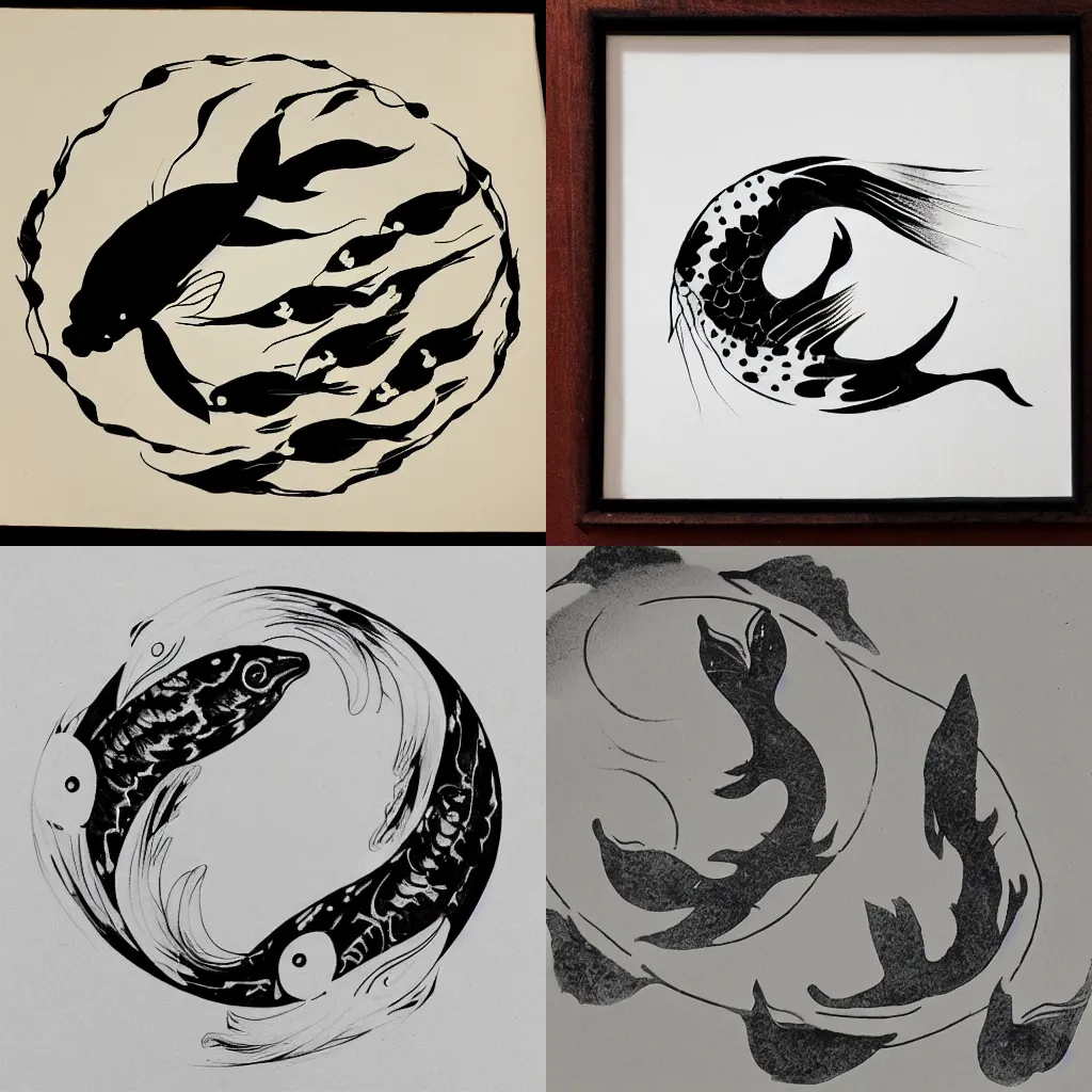 Prompt: a single koi fish swimming in circle with a flowing trail of ink following behind, Sumi ink style