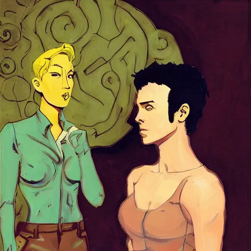 Image similar to short-haired heroic stoic handsome blonde butch tomboy woman engineer standing beside dark fae feathered Jennifer Connelly in garden, in love, Mike Mignola, trending on art station, oil painting