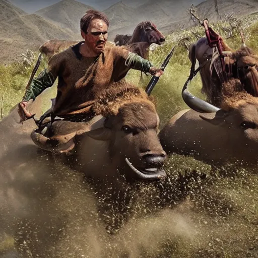 Prompt: ancient tribe hunting buffalo herd, ancient atv, chase scene, dynamic shot,