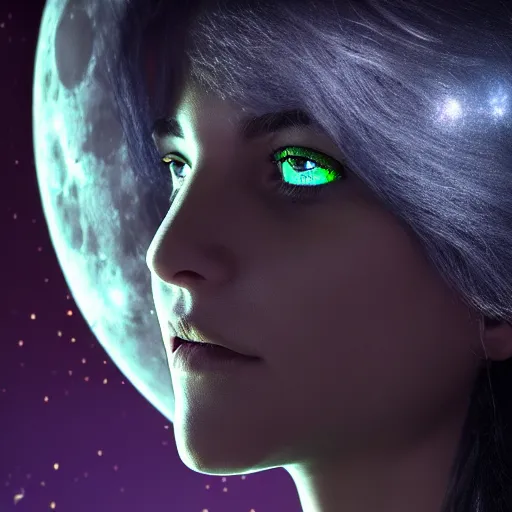 Prompt: portrait of moon witch, beautiful, attractive, glowing, jaw dropping, magical, dynamic lighting, dark, menacing, 4 k octane render, age 2 0, background moon