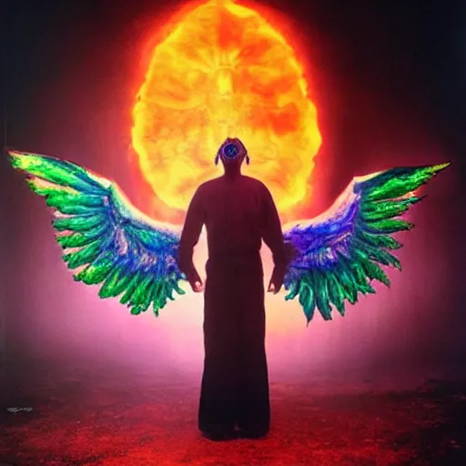 Image similar to a demon with huge nacreous fire wings, standing in shadows of the cosmic glowing sun behind, realistic horrors, cosmic dark vibes evil incarnate, photo pic by hyperrealism