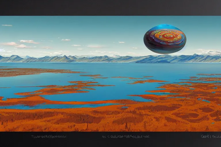 Image similar to a giant ((((metallic)))) floating sphere covered in canadian colorful aboriginal patterns!! hovering above a Yukon lake, (painted by Ralph McQuarrie), matte painting, very detailed, 1500K, concept art