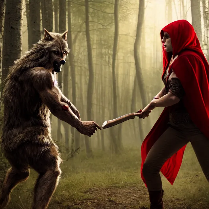 Image similar to photograph of a real-life beautiful reed riding hood warrior confronting a werewolf. 8k