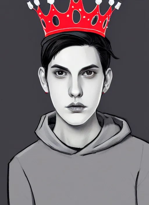 Image similar to portrait of teenage jughead jones wearing a light grey crown, photorealistic, crown made of fabric, grey crown with red and white pin badge, crown with pins, black hair, intricate, elegant, highly detailed, digital painting, glowing lights, artstation, concept art, smooth, sharp focus, illustration, art by wlop, mars ravelo and greg rutkowski