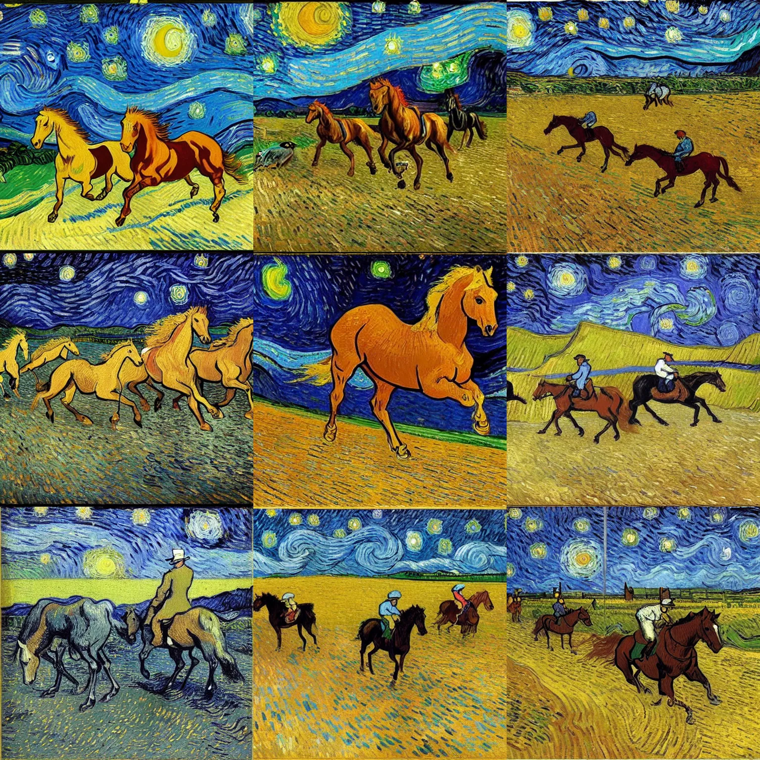 Prompt: horses racing by vincent van gogh, starry night