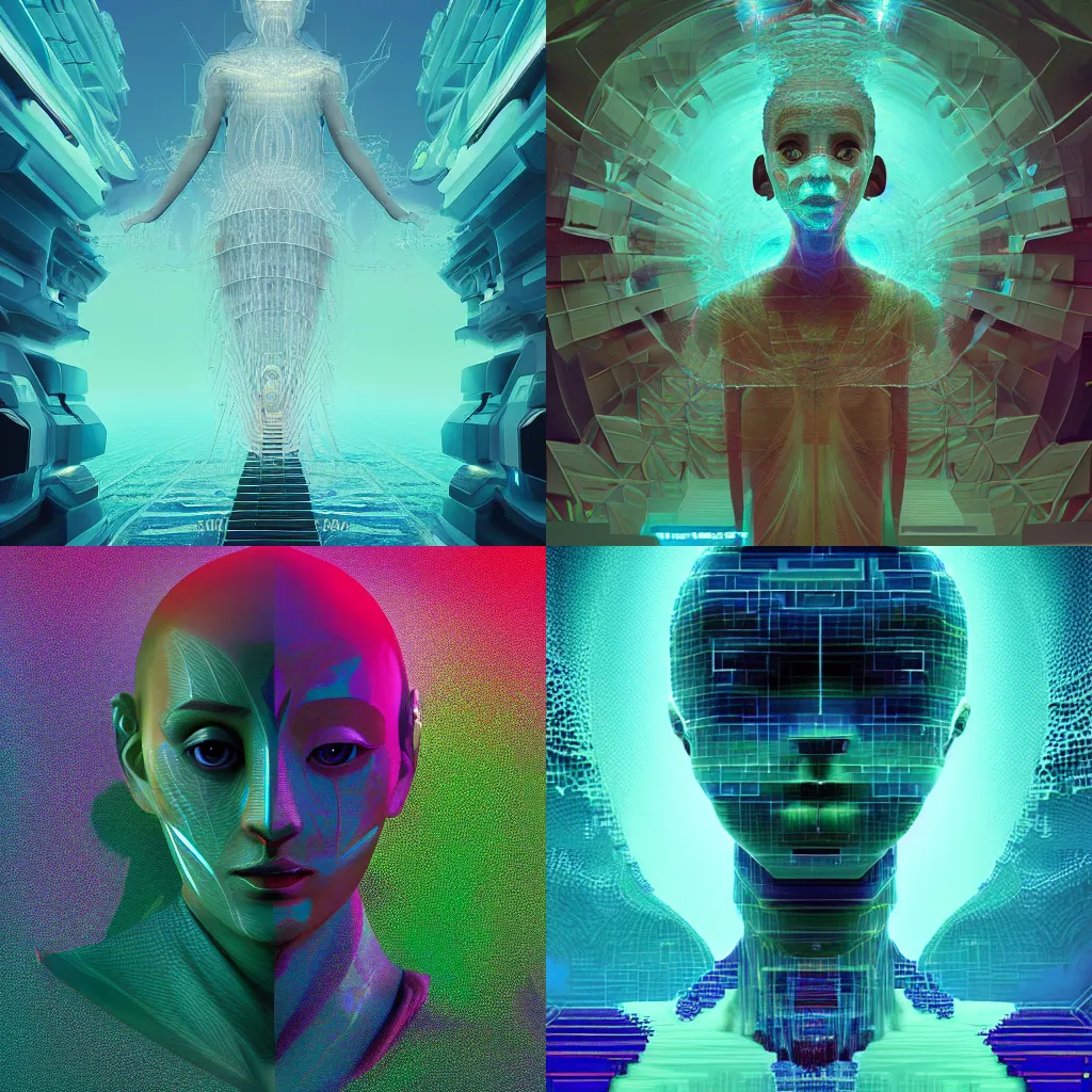 Prompt: Avatar of transcendental consciousness, deviant artstation surreal and pristine, by beeple, glitch art, insane warped multiple plan perspectives, fractal, crystalized time warps, trending on 8k