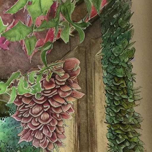 Image similar to delicate garden on paper floating puffy vines botanical 1 9 2 0 herbarium botanic watercolors river rain iridescent 8 k wide angle realistic shaded fine details, artstation italian rainbow colonnade oak pinecone gardena architecture pompeii