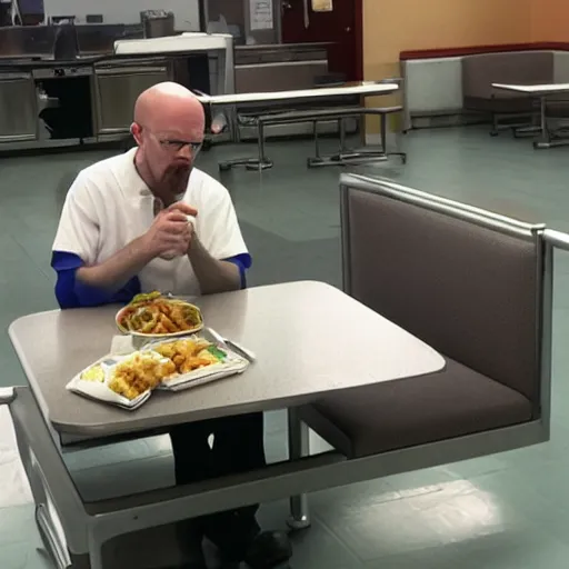 Prompt: autistic Walter White eating lunch alone in the cafeteria