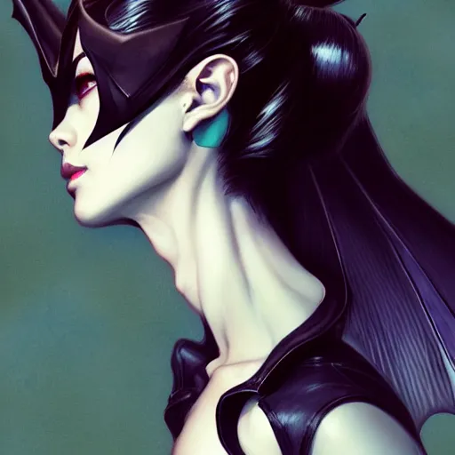 Prompt: 3 / 4 view of a portrait of bat woman with bat wings, confident pose, pixie, genshin impact,, intricate, elegant, sharp focus, illustration, highly detailed, concept art, matte, trending on artstation, anime, art by wlop and artgerm and greg rutkowski, h 6 4 0