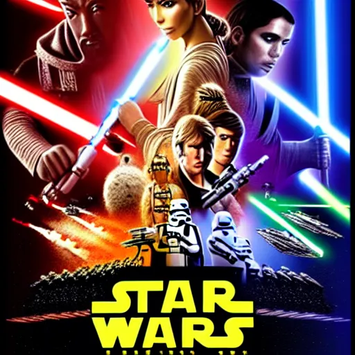 Image similar to super detailed star wars movie poster with Jesus Christ and kim kardashian, 8k full HD photo, cinematic lighting, anatomically correct, oscar award winning, action filled, correct eye placement,