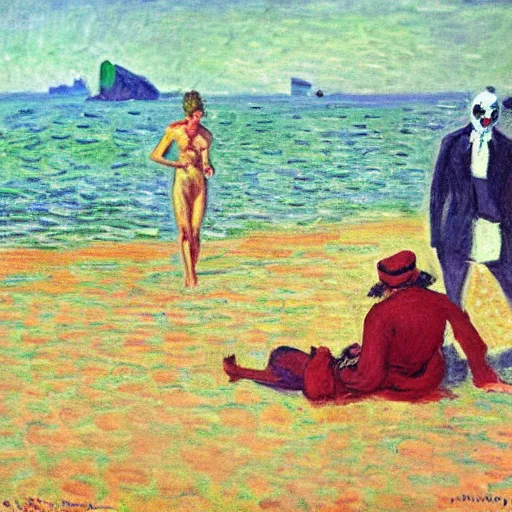 Image similar to a joker and a armed robber chilling on ipanema beach by monet