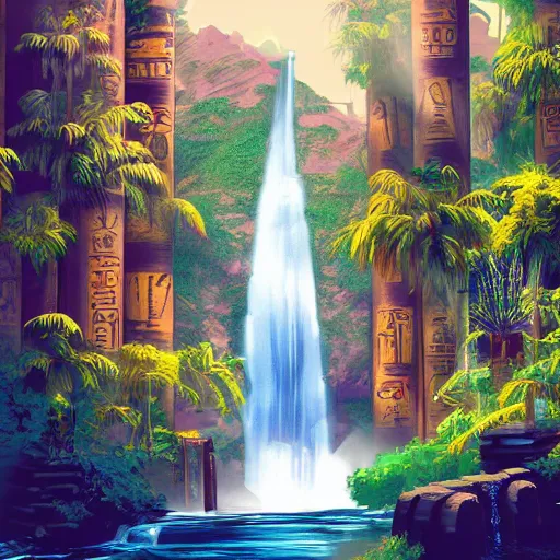 Image similar to a ancient egyptian city with plants and waterfalls, digital art retrowave art,trending on art station