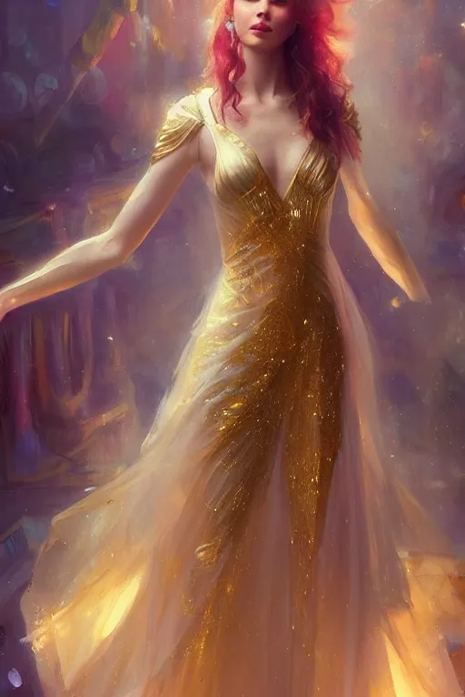 Prompt: cyberpunk beautiful girl, light body golden armor, flowing gown by vladimir volegov and alexander averin and delphin enjolras and daniel f. gerhartz