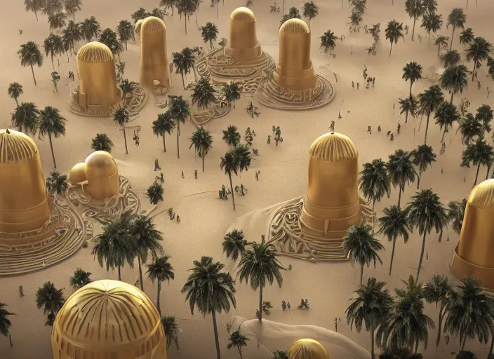 Prompt: cover concept art of the lost sand city, levitating sand, ground view, golden towers, golden pillars, palm trees, space and time, floating objects, post-processing, in the style of Hugh Ferriss, Behance, Artgerm. High detail, ultra realistic render, octane, 3D, photorealism, symmetric, cinematic