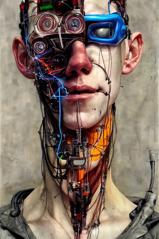 Prompt: cameron monaghan as a cyberpunk hacker, wires cybernetic implants, by esao andrews, jenny saville, james jean