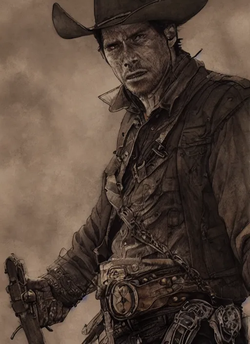 Prompt: portrait, a last stand of a cowboy, watercolor, dramatic lighting, cinematic, establishing shot, extremely high detail, foto realistic, cinematic lighting, pen and ink, intricate line drawings, by Yoshitaka Amano, Ruan Jia, Kentaro Miura, Artgerm, post processed, concept art, artstation, matte painting, style by eddie mendoza, raphael lacoste, alex ross