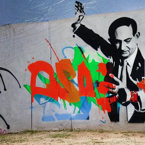 Prompt: benjamin netanyahu, graffiti, photograph, made by banksy, vivid colors, spray brush, midday, sunny, professional