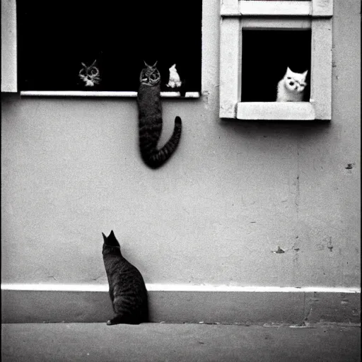Prompt: a cat watching a bird, photograph by henri cartier bresson