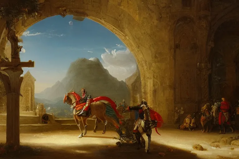 Prompt: an oil painting of a knight wearing plate armor entering a medieval church on a horse, 4 k, highly detailed, painted by thomas cole