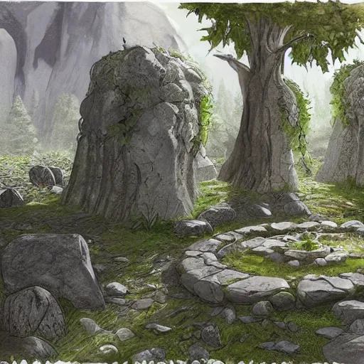 Prompt: fantasy rpg concept art of A Place Of Healing. A small clearing in the forest is home to a large stone altar. The altar is surrounded by a ring of stones and a circle of standing stones. In the center of the circle stands a tall, slender tree with a single branch that reaches out over the altar. inferno.