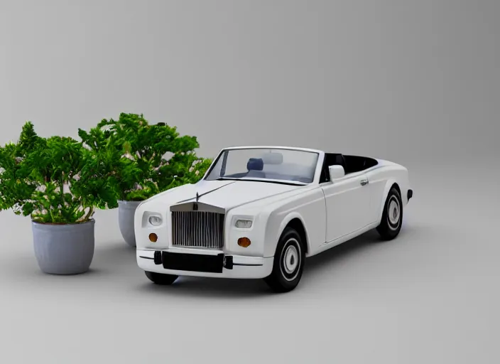 Image similar to a small miniature of a Rolls Royce Corniche Cabrio on a white table near a vase with a plant, 3d render, octane render, unreal engine 5, path tracing, serene landscape, calm, relaxing, beautiful landscape, highly detailed, high quality, 4k, symmetrical, low contrast