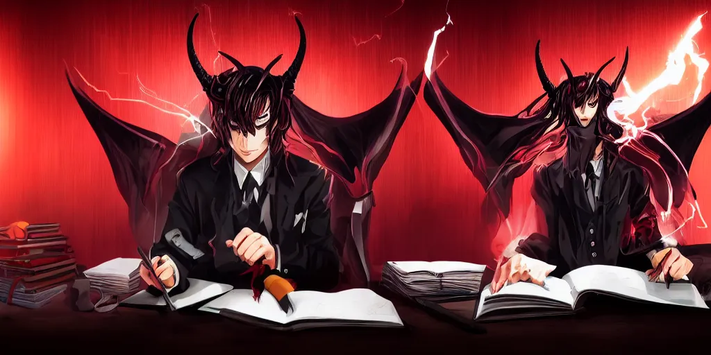 Image similar to dark lord sitting at desk large horns and suit, medium shot, portrait, semi realistic anime, red demon cyberpunk symbols