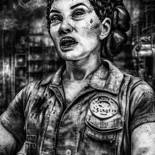 Image similar to a portrait of Rosie the riveter, industrial setting, dynamic pose, sweat and grime, close-up, intricate details, intricately detailed clothing, intricate textures, warm lighting, vivid colors, sparks flying, smoke and mist, realistic octane render, hyper realistic render, volumetric shading, depth of field, raytracing, 8k,