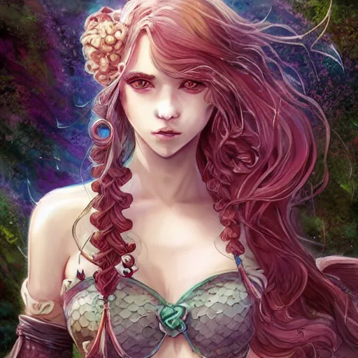 Prompt: character portrait of the mermaid very pretty!!! Princess of Atlantis, color page, 4K, tone mapping, anime, Akihiko Yoshida, James_Jean_Andrei_Riabovitchev_Marc_Simonetti, Yoshitaka Amano, digital illustration, braided hair, ringlet, curls, Trending on PixArt