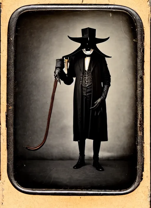 Prompt: 1910s photograph of a futuristic plague doctor in Steampunk leather high fashion Gothic bespoke couture storybook wide shot taken on A poloroid photograph from a large format camera Daguerreotype from the year 3020 in Kodachrome