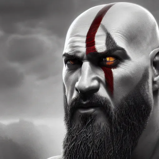 Image similar to portrait of kratos, intricate artwork, concept art, octane render, deviantart, cinematic, key art, hyperrealism, iridescent accents, portrait photograph, nikon 3 5 mm, photograph by greg rutkowski