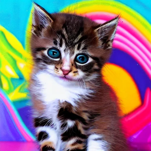 Prompt: a picture of an adorable kitten in front of a backdrop designed by Lisa Frank