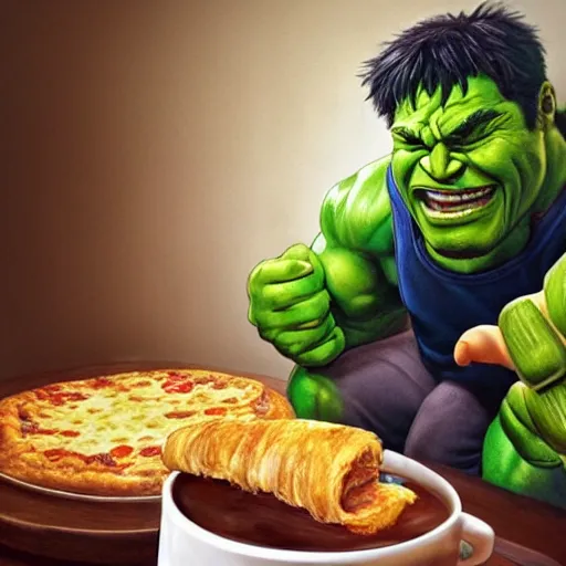 Image similar to A high definition and realistic photo of a smiling incredible hulk drinking a cup of coffee and eating pizza and croissant on a couch in his living room, hyperdetailed, artstation, digital art, photorealism, accurate, 8k,